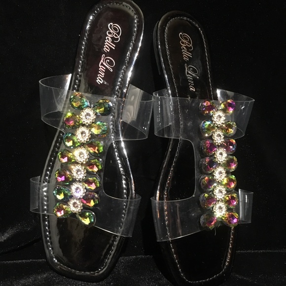 Bella Luna Black Clear Slip Ons Iridescent Rhinestone Square Toe Flats Sandles - Picture 3 of 5